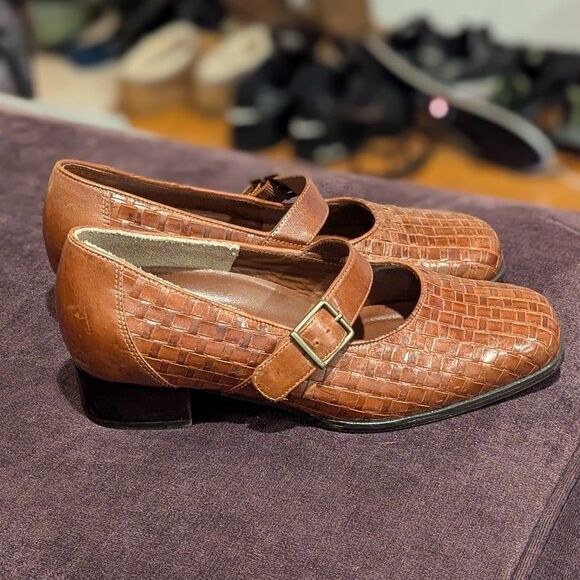 DREW Shoes - Drew Women's 6.5 WW Cognac Brown Leather Woven Mary Jane Shoes with Block Heel